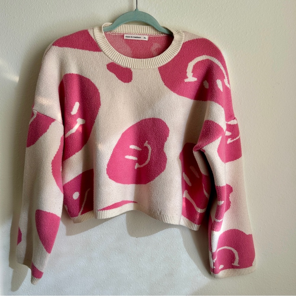 moon & madison Pink and Cream Crew Neck Sweater